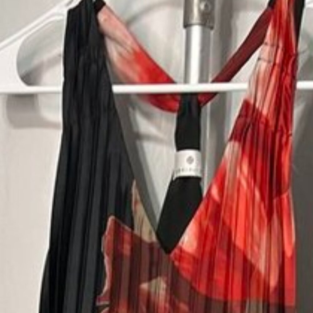 Socialite Sunburst Pleat Racerback Maxi Dress Black Red Floral V-Neck • EST ~XS - Picture 9 of 16